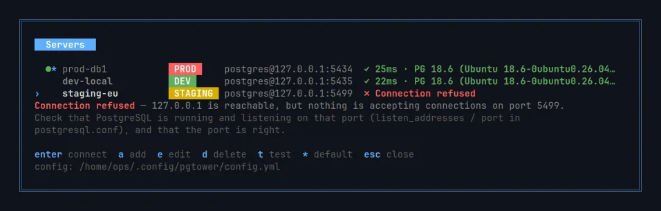 Servers screen: prod-db1 and dev-local answer in about 20 ms, staging-eu shows 'Connection refused' and what to check.