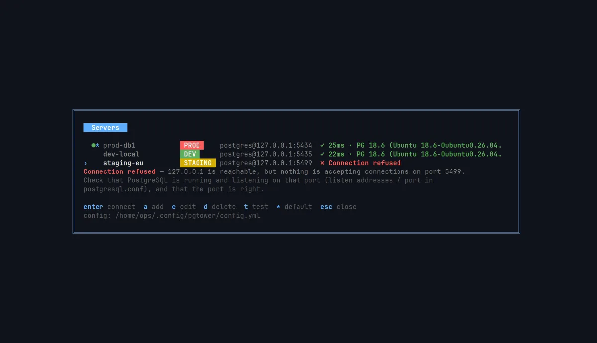 The Servers screen listing prod-db1 (PROD), dev-local (DEV) and staging-eu (STAGING); the first two answer in about 20 ms, staging-eu shows 'Connection refused' with what to check.