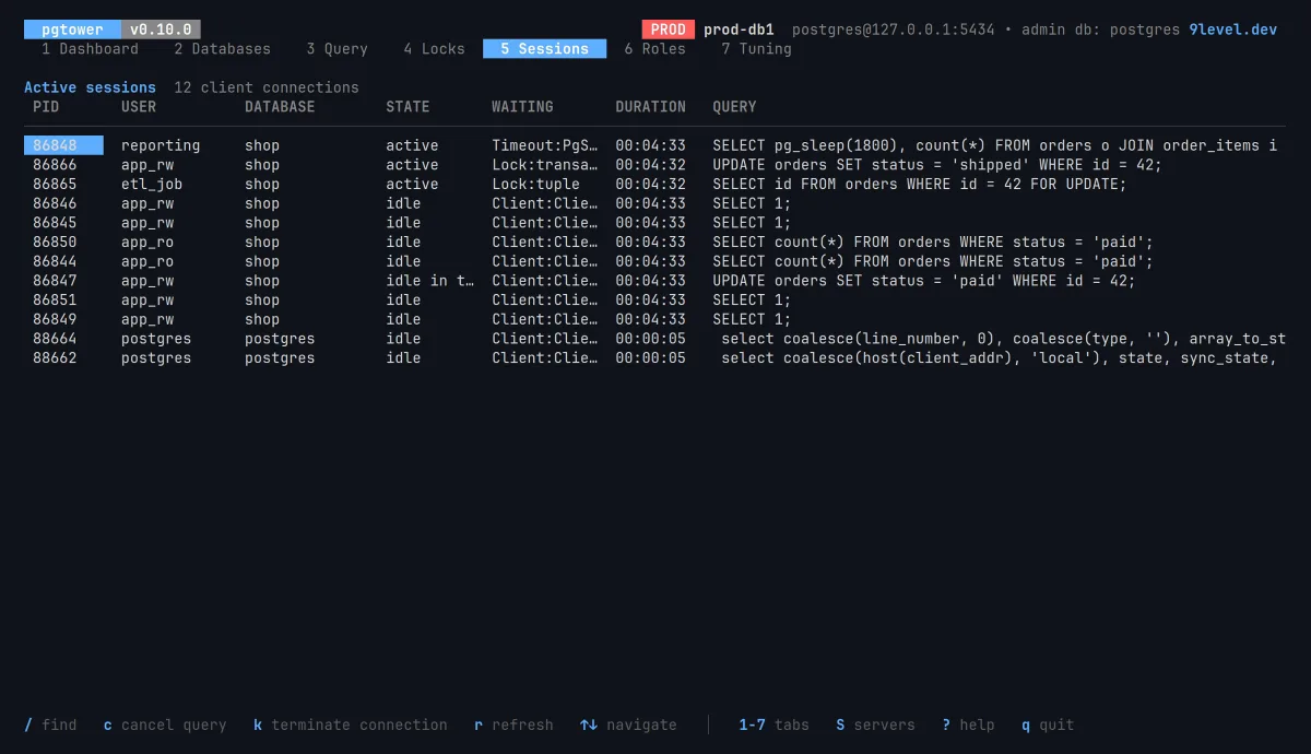 The Sessions screen: client connections with user, database, state, wait event, duration and query text.